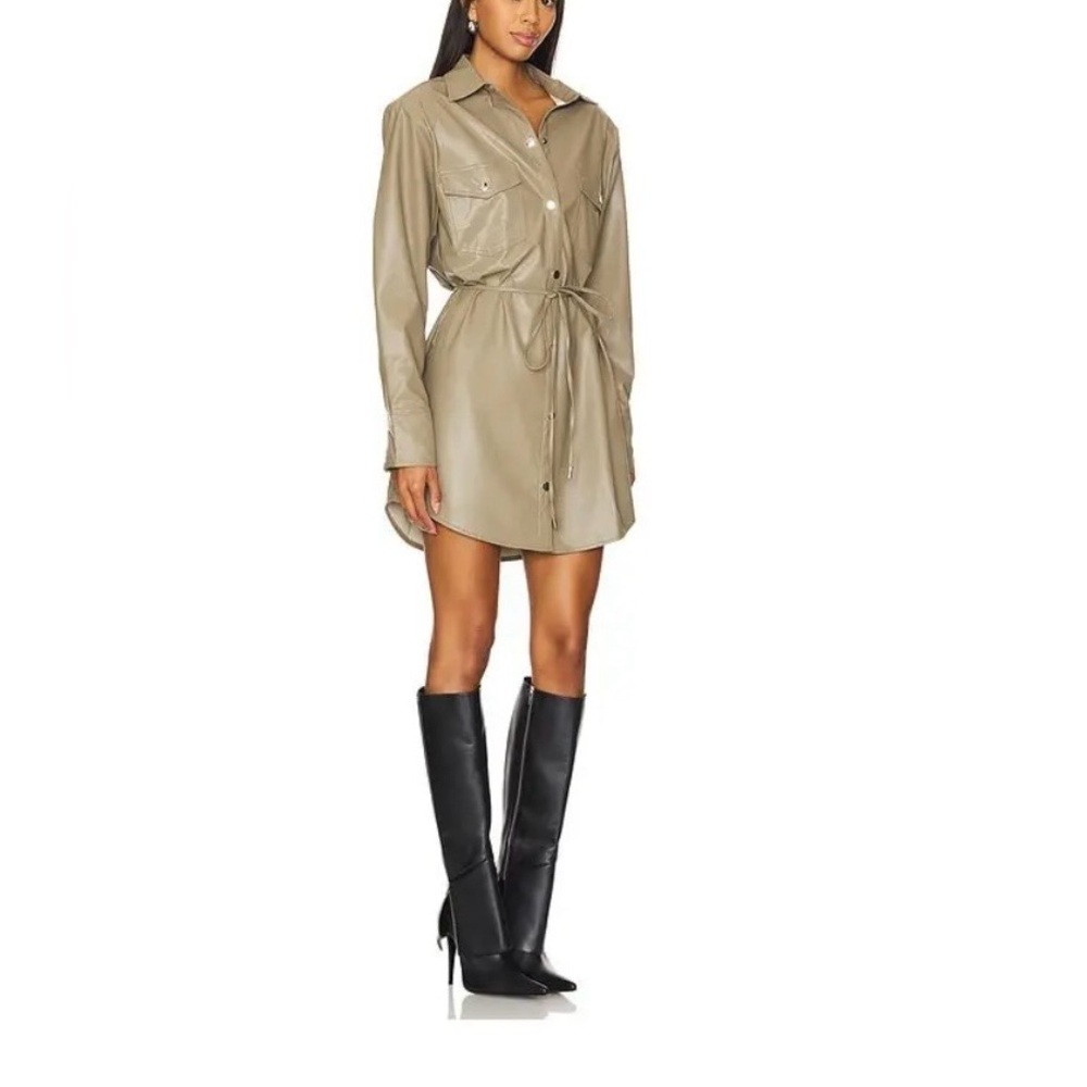 Nookie Off Duty Shirt Dress Khaki Faux Leather Mini Tie Waist Long Sleeve Small - Picture 2 of 7